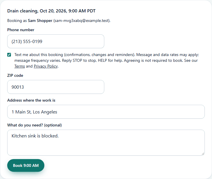 The booking form: phone number, then an unticked-by-default box reading: Text me about this booking (confirmations, changes and reminders). Message and data rates may apply; message frequency varies. Reply STOP to stop, HELP for help. Agreeing is not required to book.